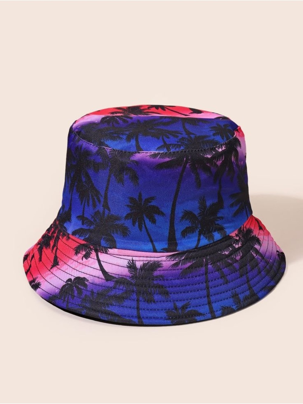 Women’s Bucket hat Black Palm Tree Gradient Purple Pink Blue Beach Hat One Size